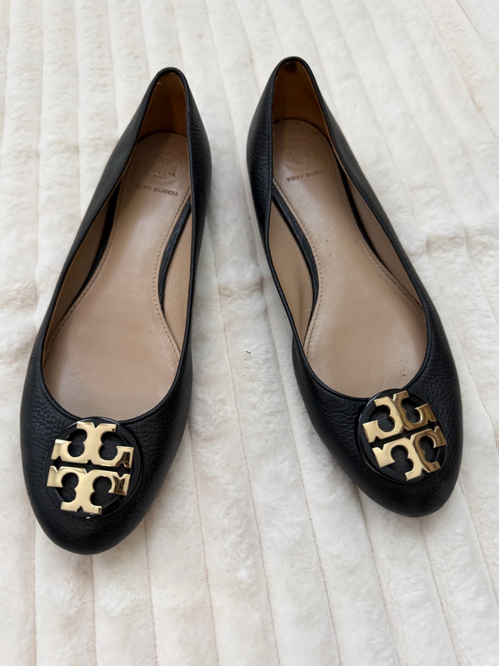 Tory Burch Black Leather Logo Patent-Trim Ballet Flats